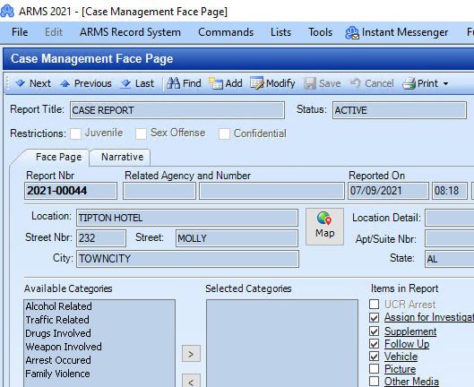 ARMS Case Management Face Page