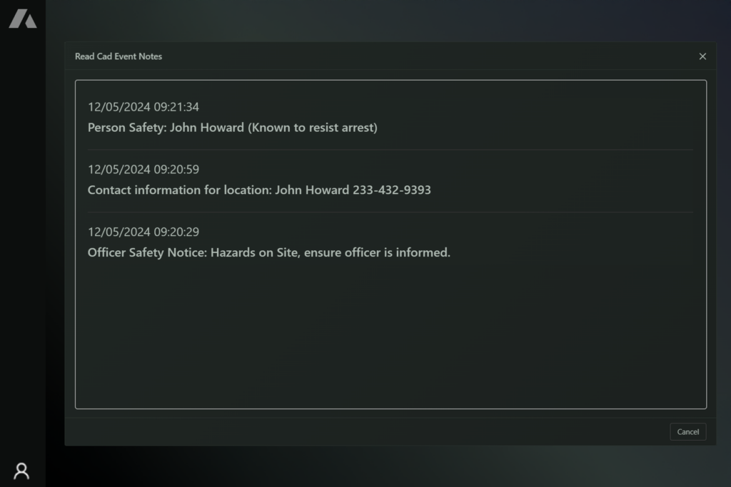 ARMS CAD event notes interface displaying critical public safety information, including officer and person safety alerts, with seamless RMS/CAD integration for efficient dispatch management.