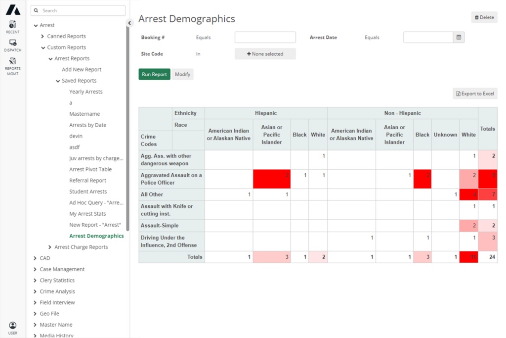 ARMS Report Center displaying an Arrest Report with demographic data from various incidents, offering comprehensive reporting solutions for public safety and compliance.