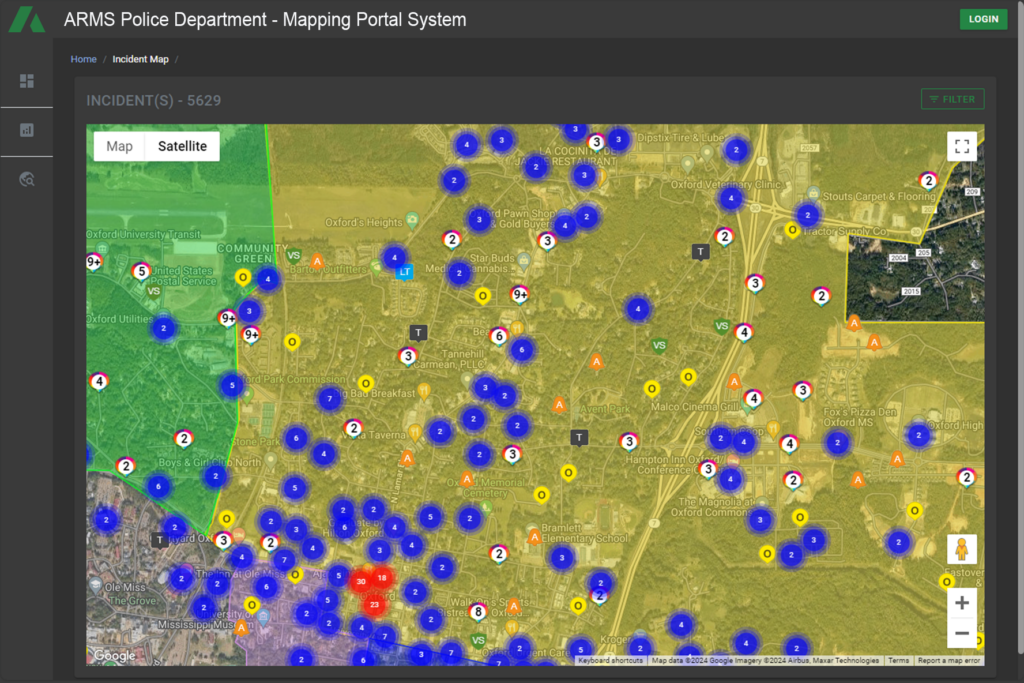 ARMS Mapping Portal System showcasing an aerial satellite map view of incidents within a region's jurisdiction, providing a visual reporting solution for public safety analysis and response planning.