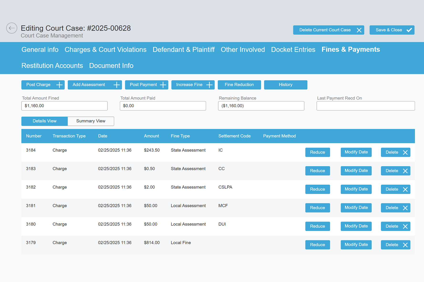 Interface of the ARMS Courts & Processing module displaying detailed court case management, including charges, fines, payments, and assessment tracking.