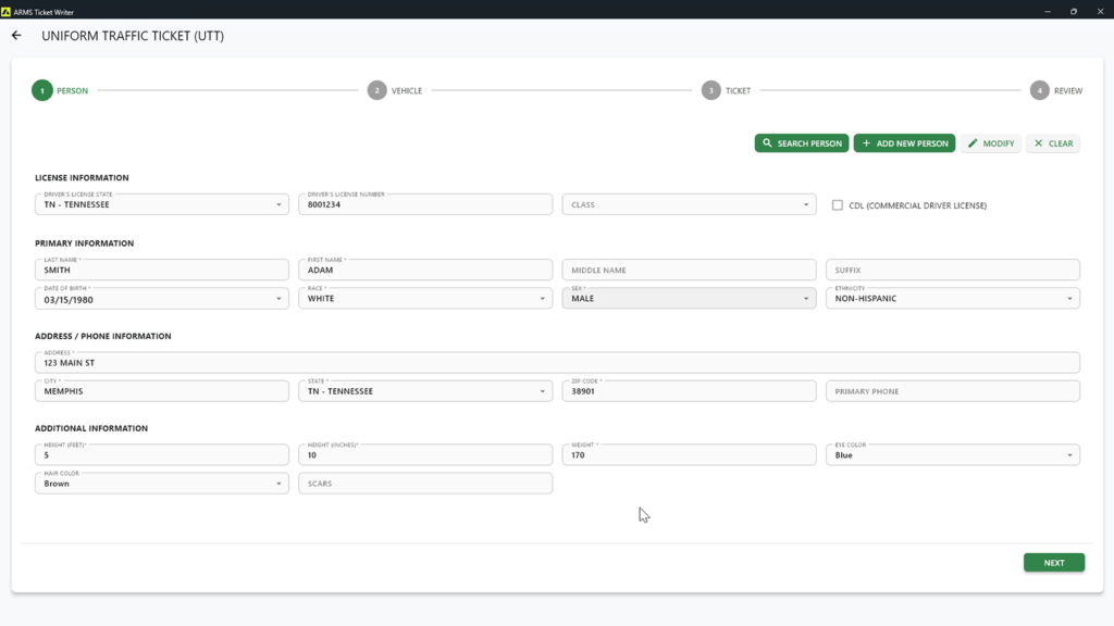 ARMS E-Citation driver license and contact information screen with personal details, address, and identification fields.
