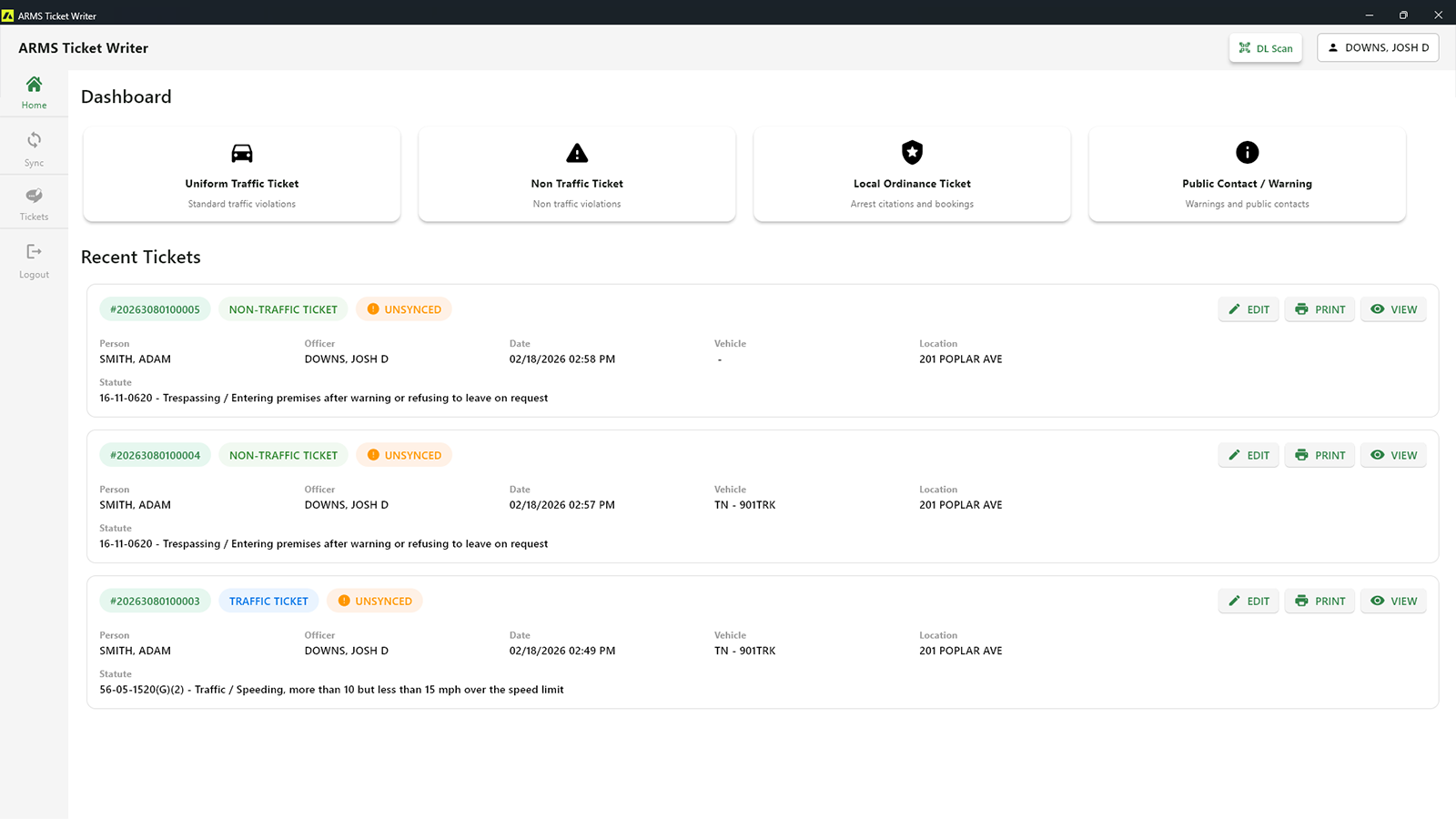 ARMS E-Citation dashboard displaying digital traffic and non-traffic ticket management with sync status and quick access options.