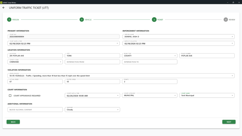 ARMS E-Citation uniform traffic ticket interface showing violation details, court information, and enforcement data entry form.